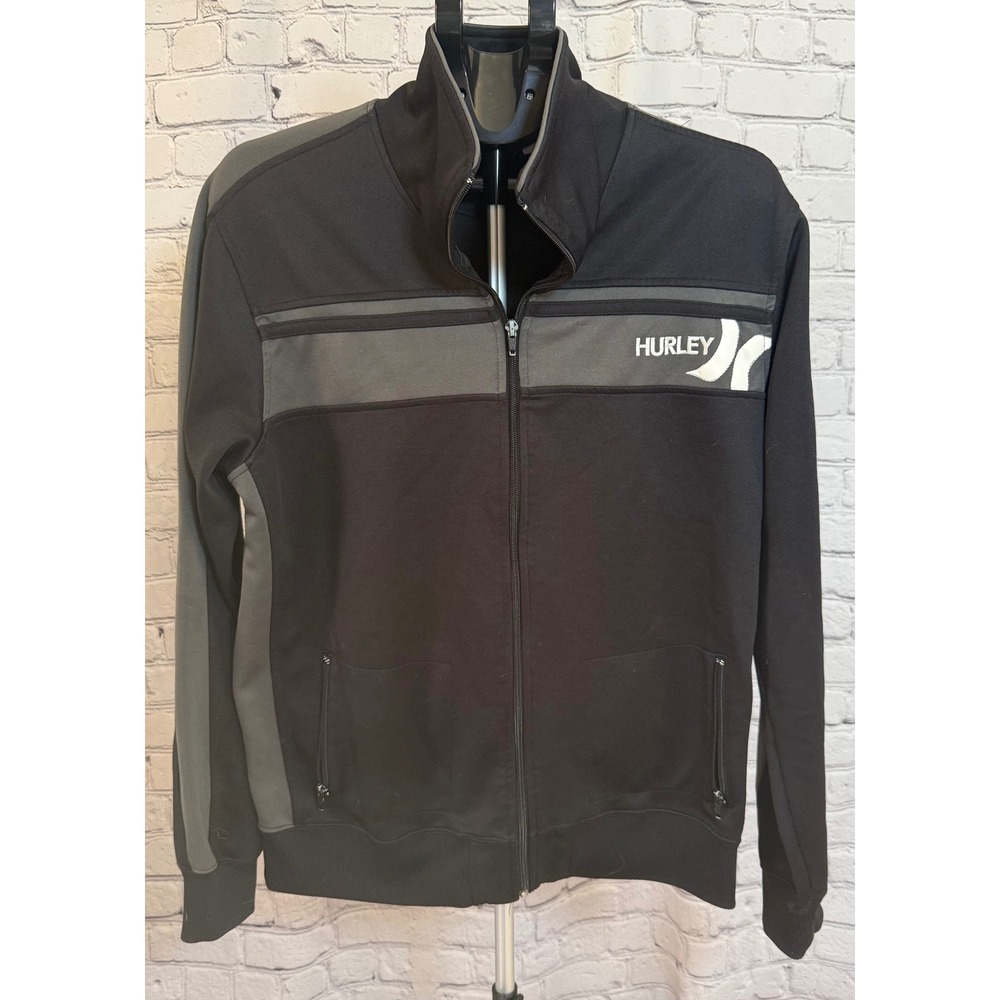 Hurley Mens Full Zip Track Jacket Black Grey Logo Mock Neck Size Large